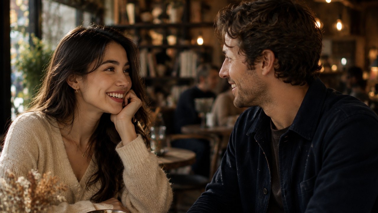 Two people mid-conversation in a café.