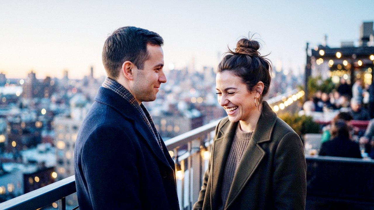 Two people talking on a rooftop at dusk, one laughing, the city behind them.